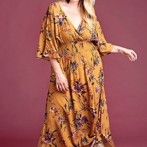 Mustard Floral Maxi Dress - Available in 1XL & 3XL